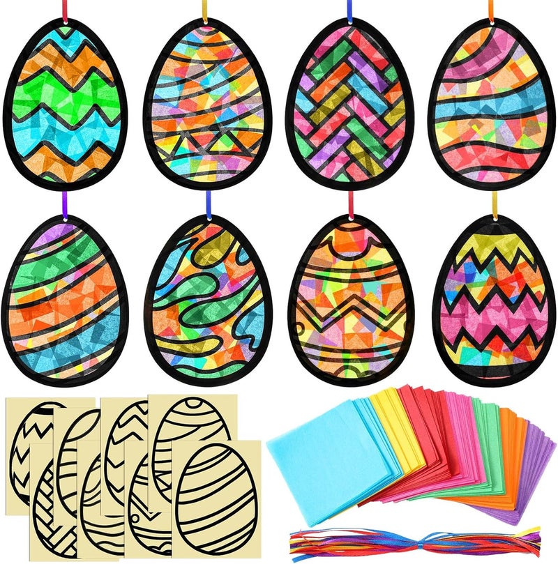 Eersida 32 Pcs Easter Eggs Ornament Suncatchers Craft Set Spring DIY Eggs Shaped Stained Glass Tissue Paper Kits Bulk for Window Art Activities Party Decorations Gift - Image 1